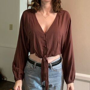Brown Cropped Tie Front Blouse